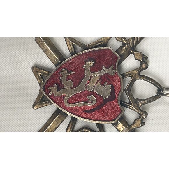 Lion Shield Pendant Necklace Vtg Red Crest Crossed Swords - Picture 7 of 12